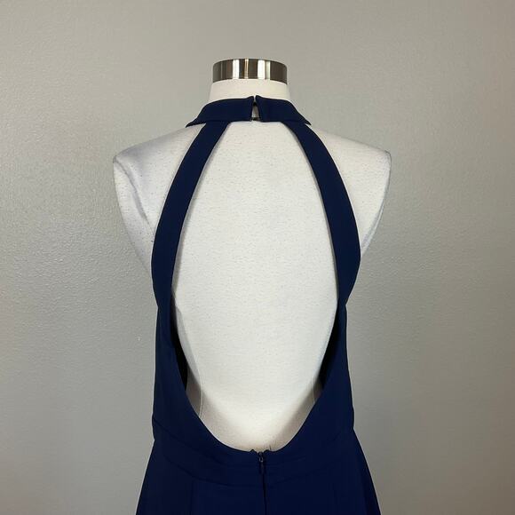 XSCAPE Backless Ruffled Halter High-Low Midi Sheath Cocktail Dress Blue Size 14 - Picture 9 of 13
